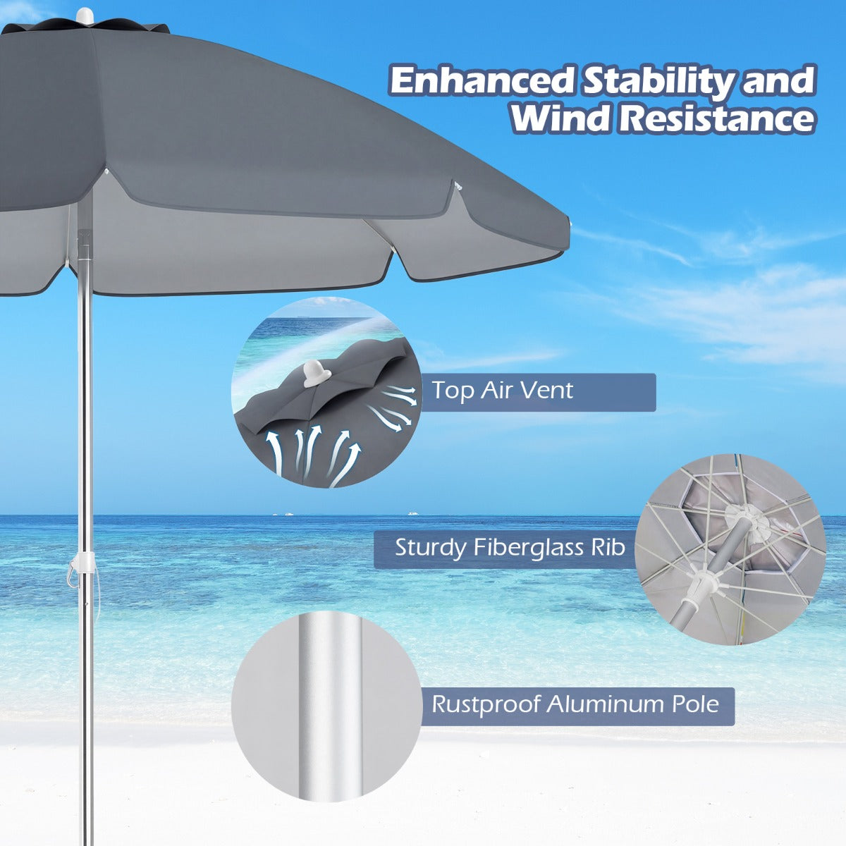LIVSK Strandparasol - 198 cm Diameter - Kantelfunctie - Geïntegreerd Zandanker - Draagtas Inclusief - Grijs