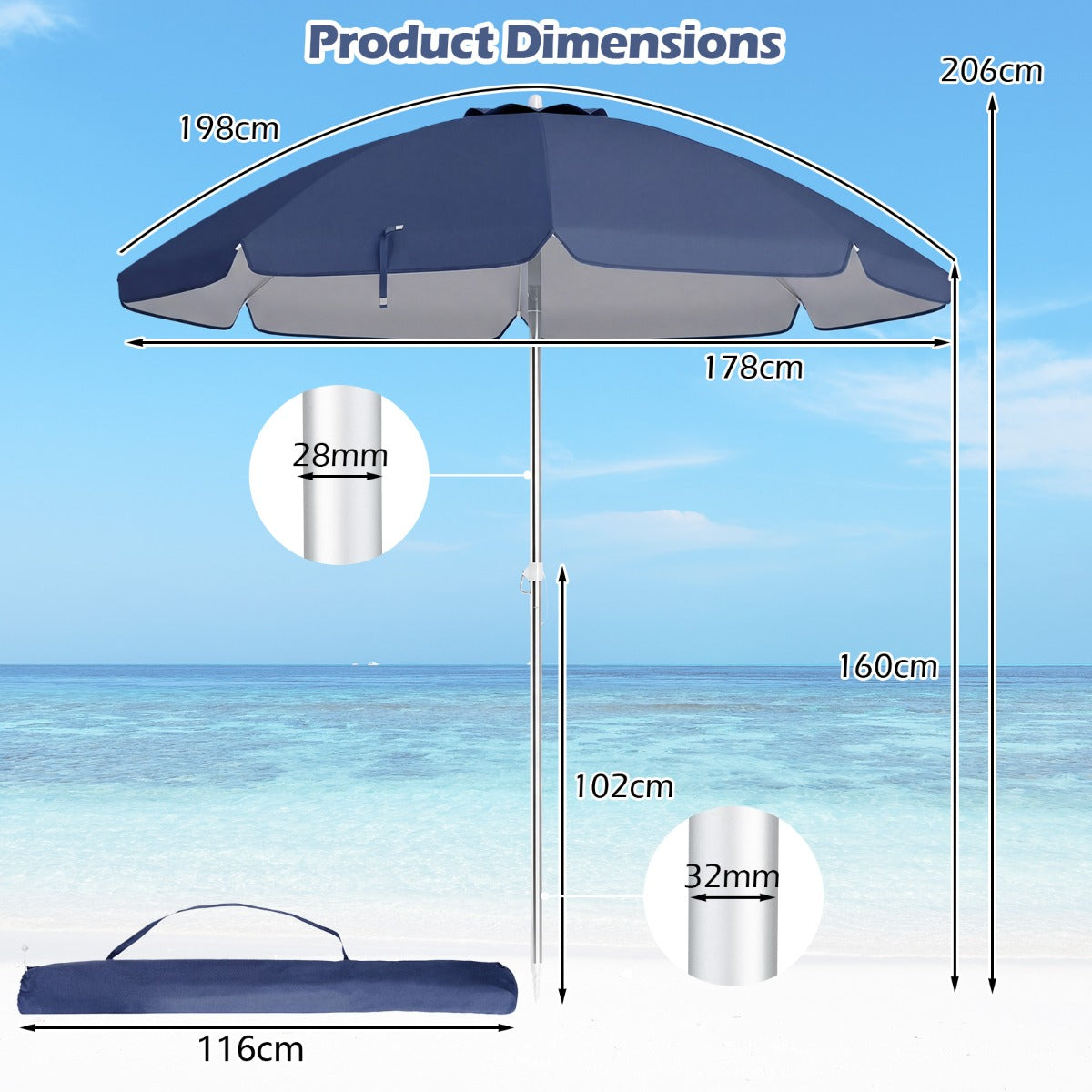 LIVSK Strandparasol - Hoogwaardige Polyester Kap - Eenvoudige Hoekverstelling - Geïntegreerd Zandanker - Blauw