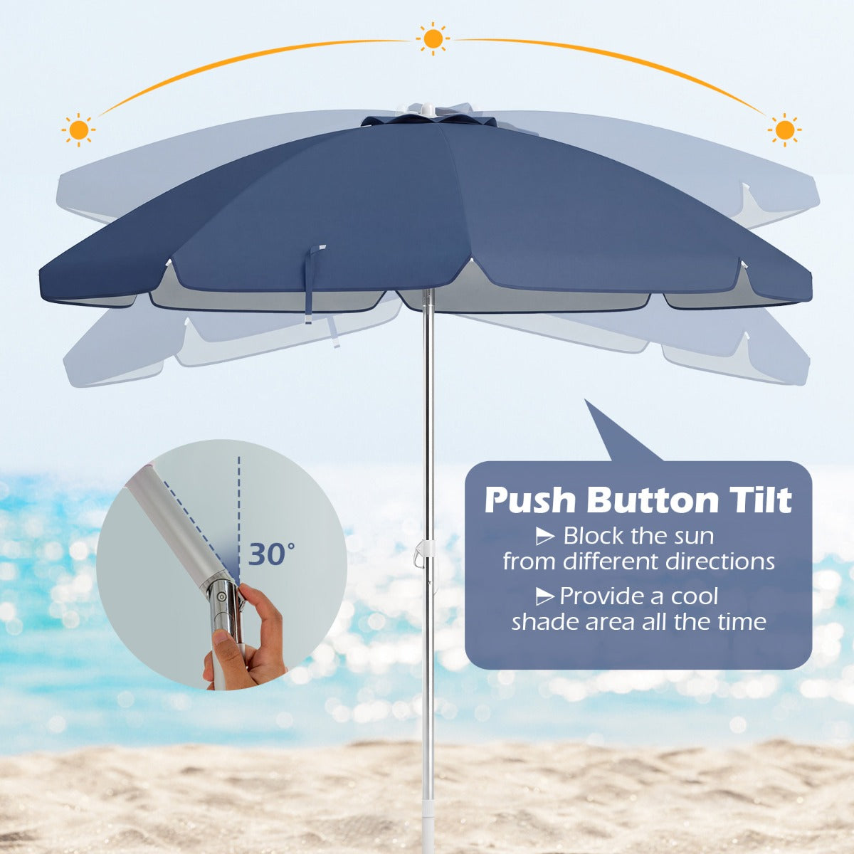 LIVSK Strandparasol - Hoogwaardige Polyester Kap - Eenvoudige Hoekverstelling - Geïntegreerd Zandanker - Blauw