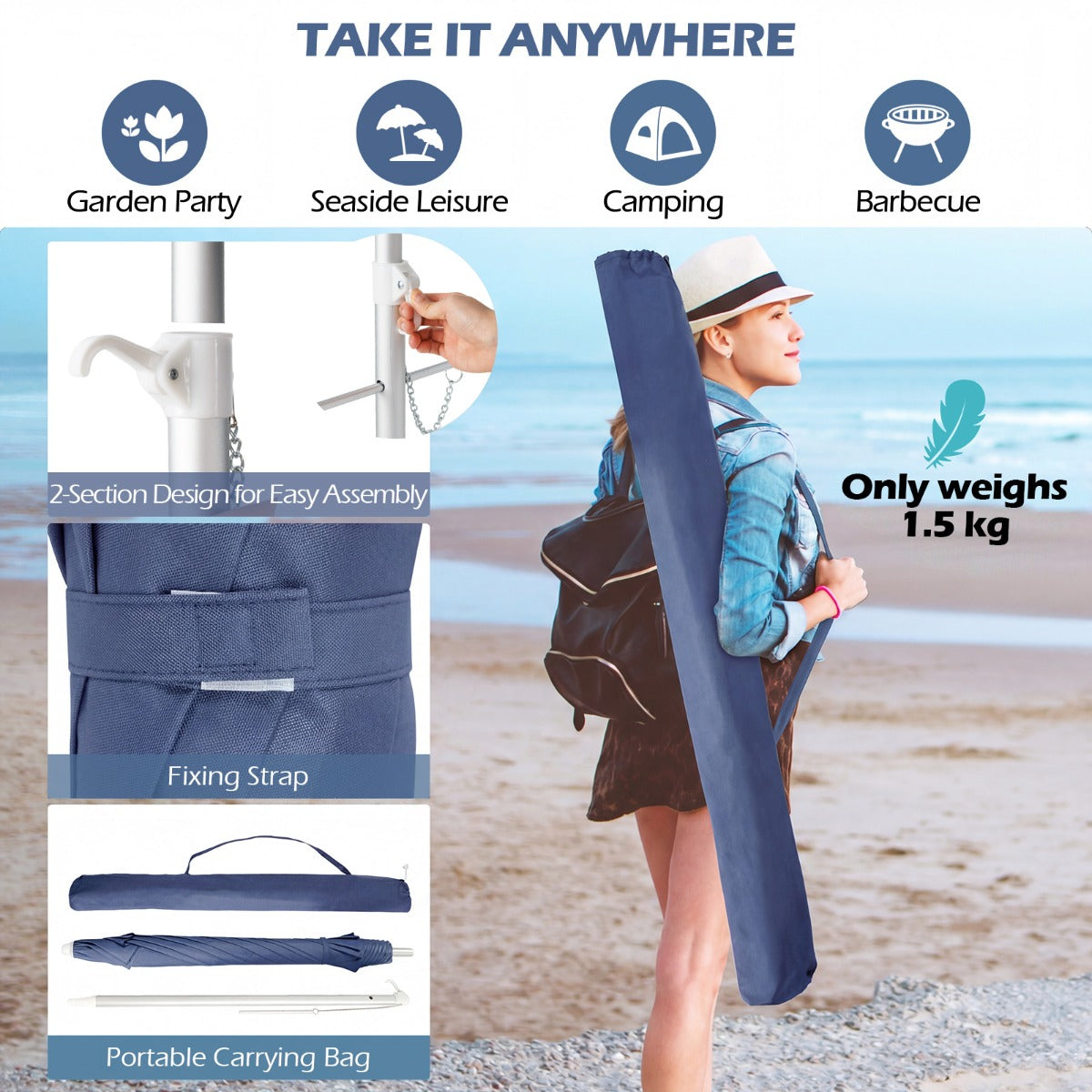 LIVSK Strandparasol - Hoogwaardige Polyester Kap - Eenvoudige Hoekverstelling - Geïntegreerd Zandanker - Blauw