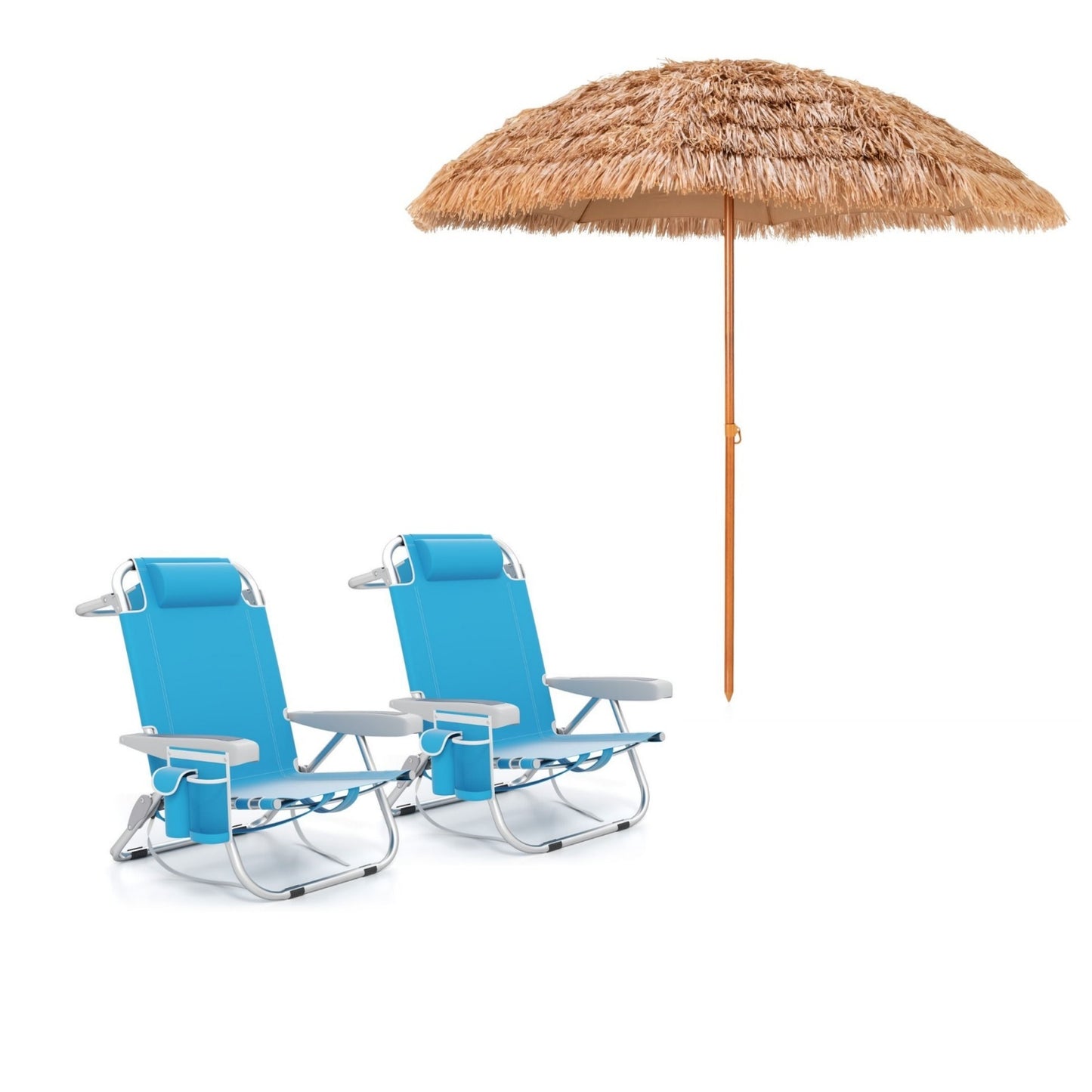 LIVSK Strandstoel en Parasol Set - Verstelbare Rugleuning - Opvouwbaar - Waterdicht - Inclusief Bekerhouder - Blauw/Natuur