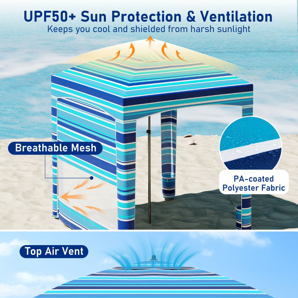 LIVSK Strandtent - PA-gecoat Polyester - Verstelbare Hoogte - Eenvoudige Opbouw - Lichtgewicht en Compact - Marineblauw/Roze