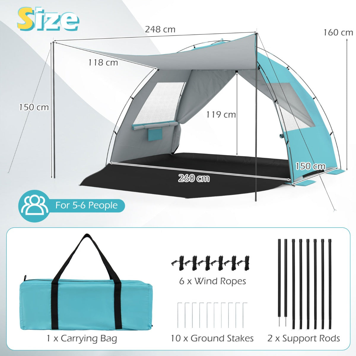 LIVSK Strandtent - Ruimte voor 5-6 Personen - Uitschuifbare Luifel - Gaasramen voor Ventilatie - Blauw/Groen