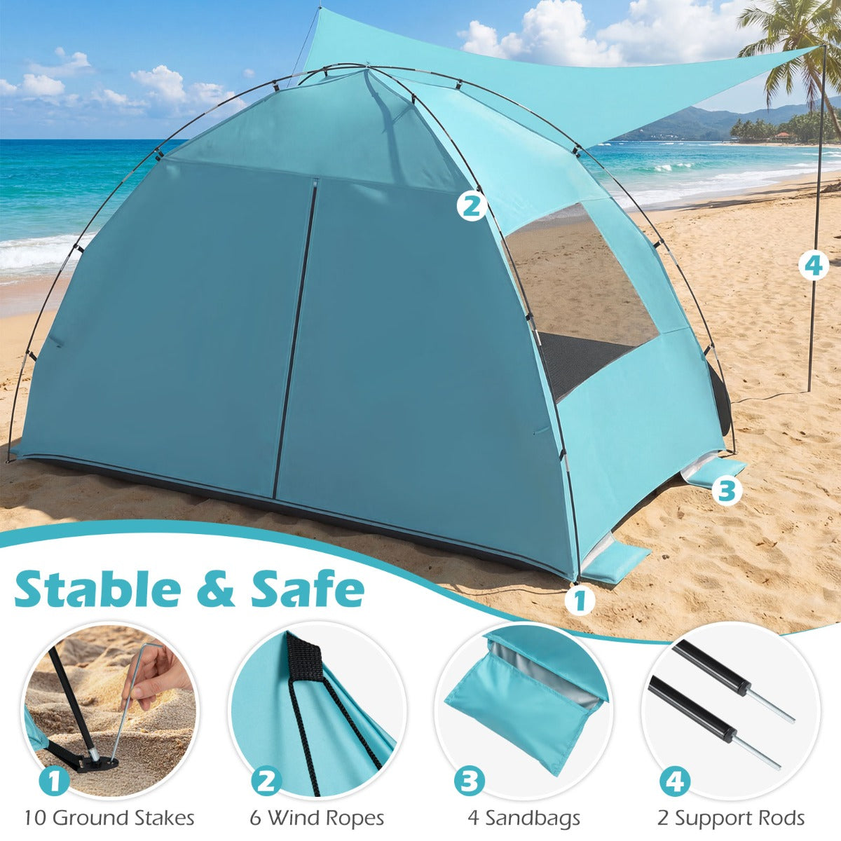 LIVSK Strandtent - Ruimte voor 5-6 Personen - Uitschuifbare Luifel - Gaasramen voor Ventilatie - Blauw/Groen