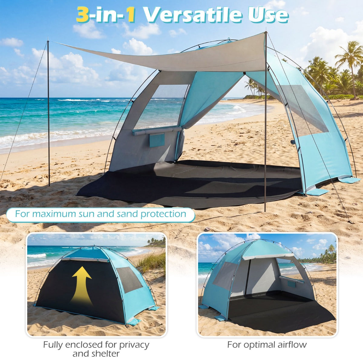 LIVSK Strandtent - Ruimte voor 5-6 Personen - Uitschuifbare Luifel - Gaasramen voor Ventilatie - Blauw/Groen