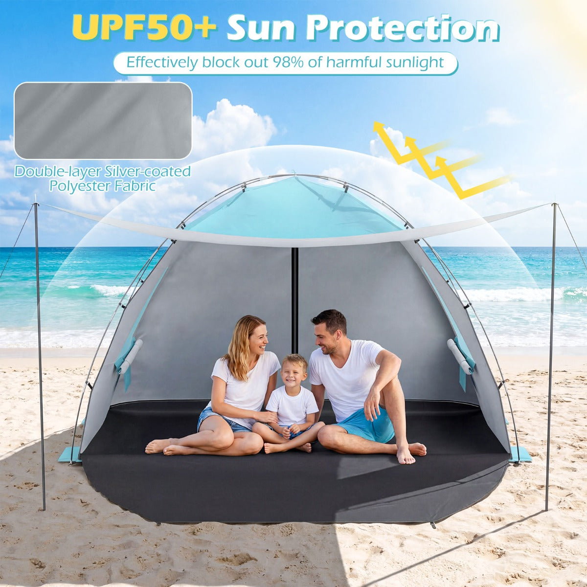 LIVSK Strandtent - Ruimte voor 5-6 Personen - Uitschuifbare Luifel - Gaasramen voor Ventilatie - Blauw/Groen