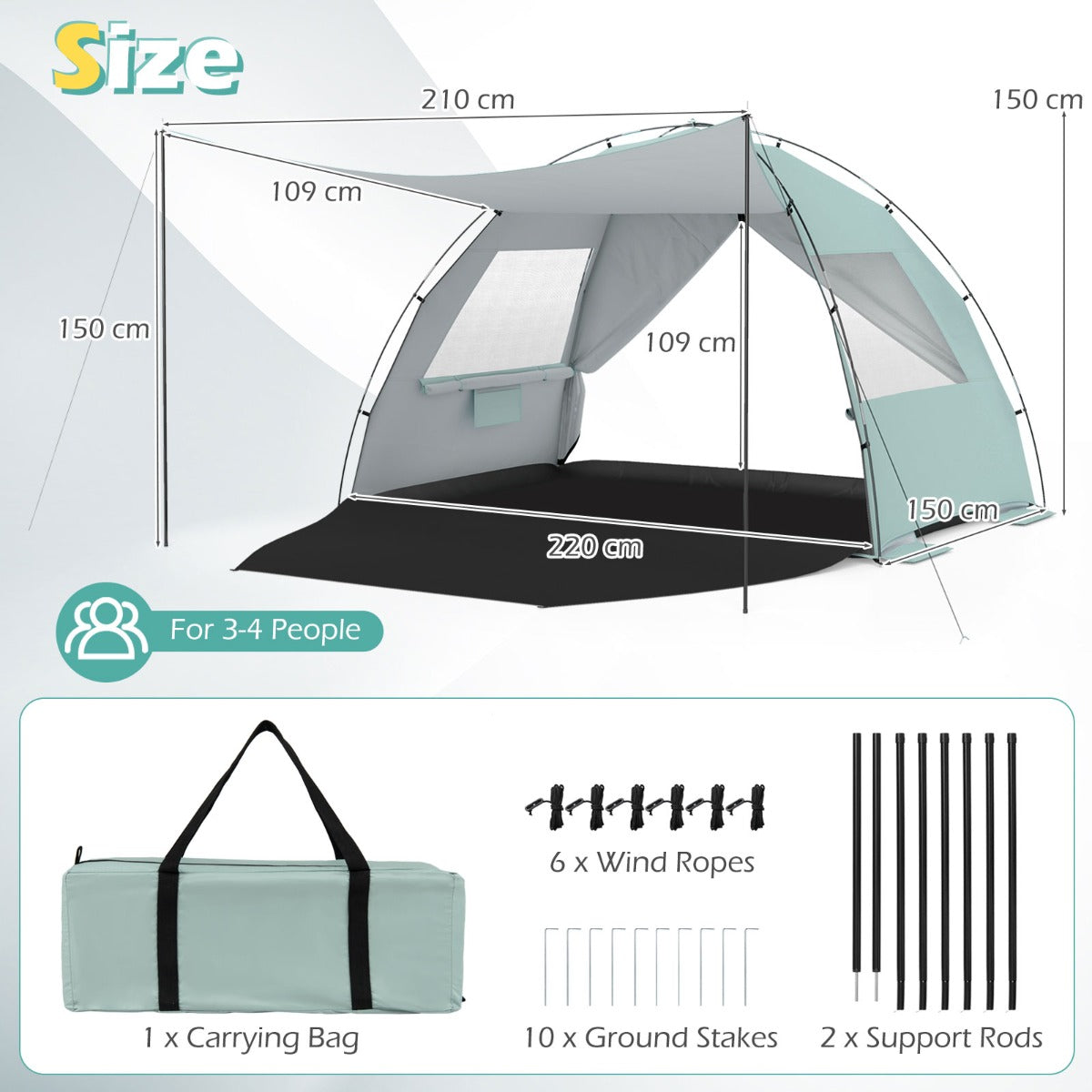 LIVSK Strandtent - Ruimte voor 5-6 Personen - UV-Bescherming - Uitstekende Ventilatie - Inclusief Draagtas - Blauw/Groen