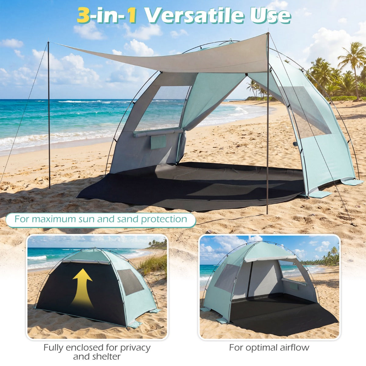 LIVSK Strandtent - Ruimte voor 5-6 Personen - UV-Bescherming - Uitstekende Ventilatie - Inclusief Draagtas - Blauw/Groen