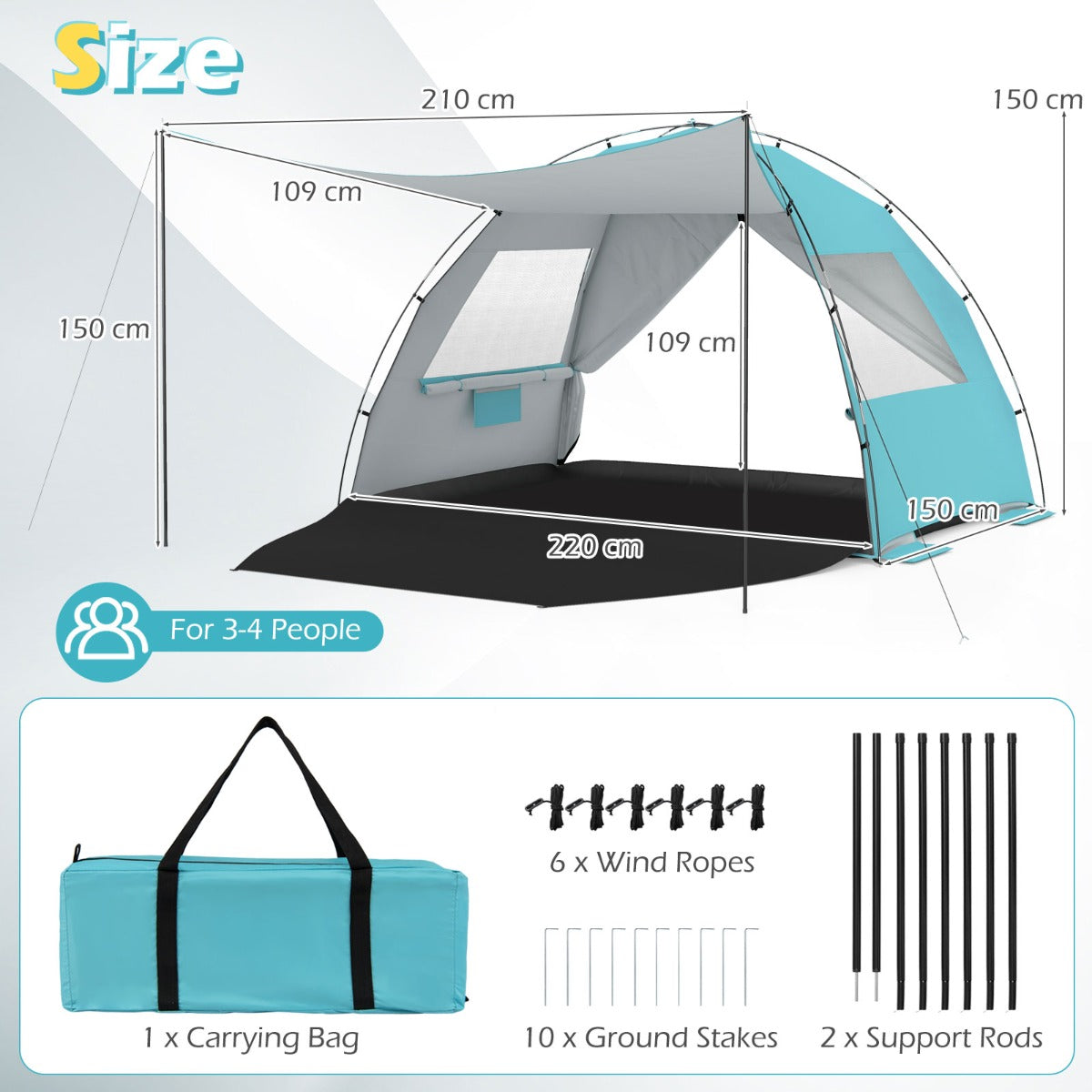 LIVSK Strandtent - Ruimte voor 5-6 Personen - UV-Bescherming - Ventilatieramen - Opvouwbaar - Blauw/Groen