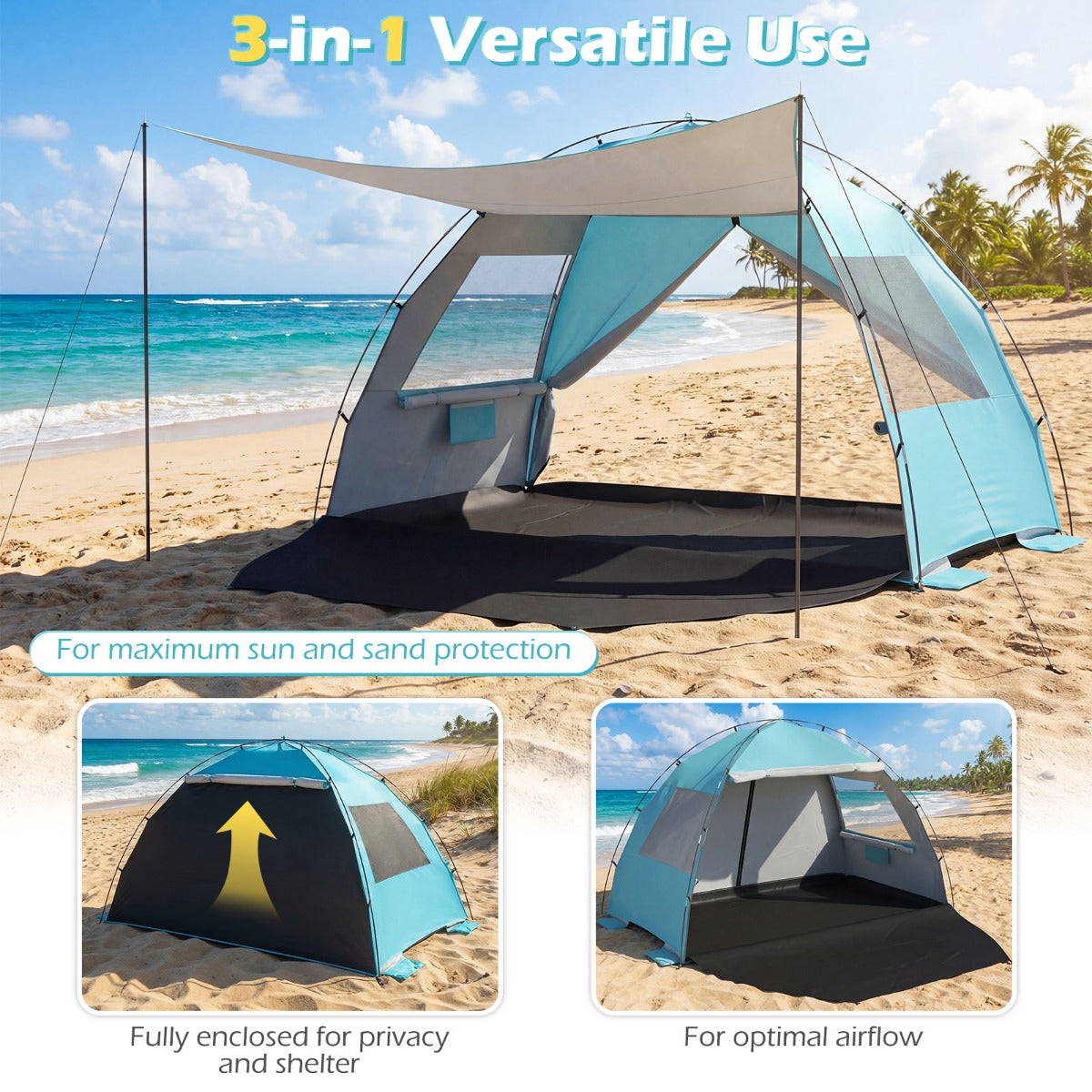 LIVSK Strandtent - Ruimte voor 5-6 Personen - UV-Bescherming - Ventilatieramen - Opvouwbaar - Blauw/Groen