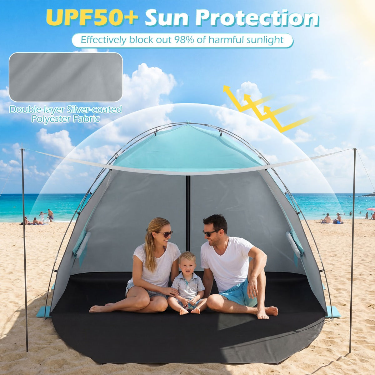 LIVSK Strandtent - Ruimte voor 5-6 Personen - UV-Bescherming - Ventilatieramen - Opvouwbaar - Blauw/Groen
