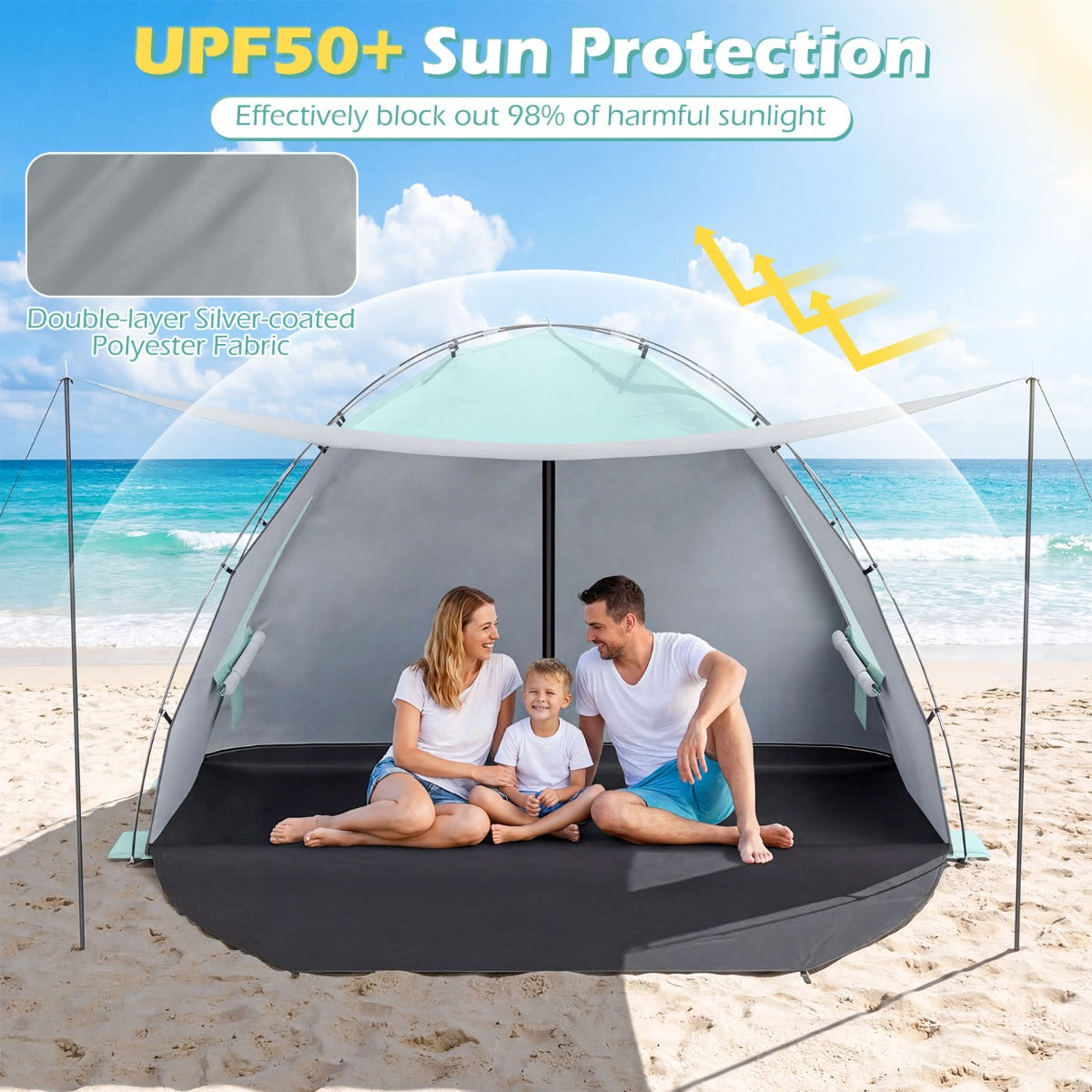 LIVSK Strandtent - Voor 5-6 Personen - Zilverkleurig Polyester - Uitstekende Ventilatie - Inclusief Draagtas - Blauw/Groen