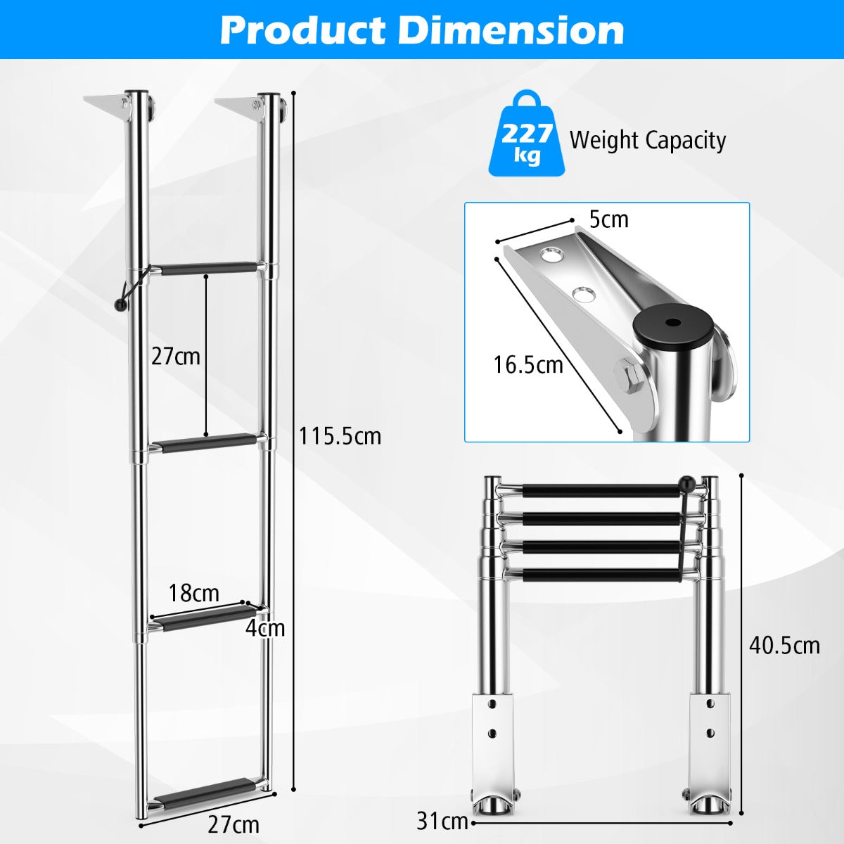 LIVSK Telescopische Bootladder - 4 Treden - Roestvrij Staal - Antislip Treden - Capaciteit 227 kg - Zilver