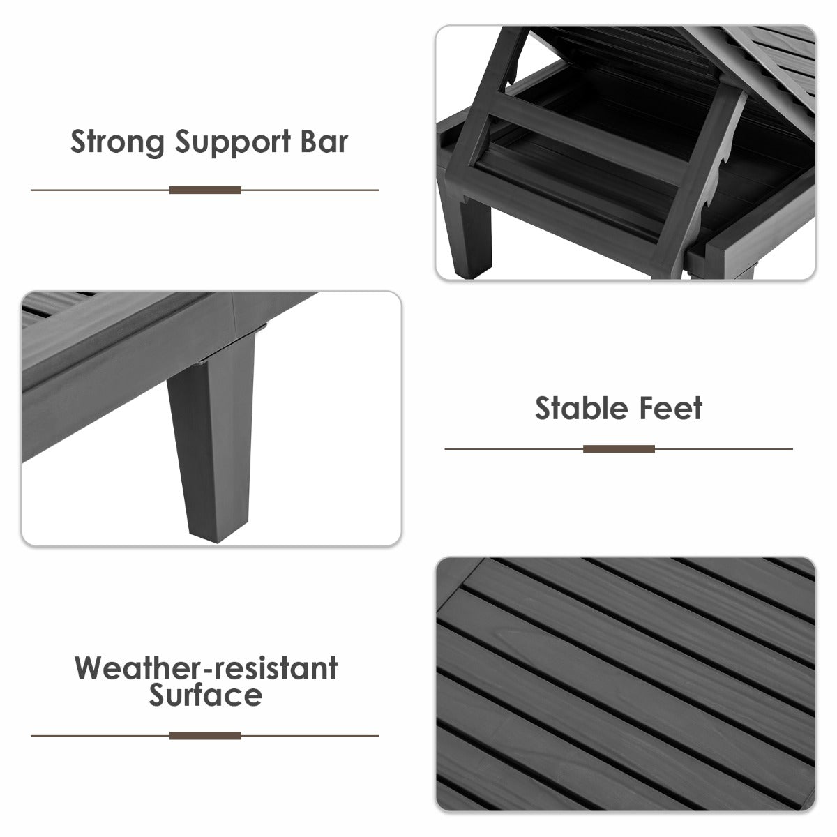 LIVSK Terras Ligstoel - Verstelbare Rugleuning - Hoogwaardig PP-Materiaal - Ademend Ontwerp - 180 kg Capaciteit - Zwart/Koffie
