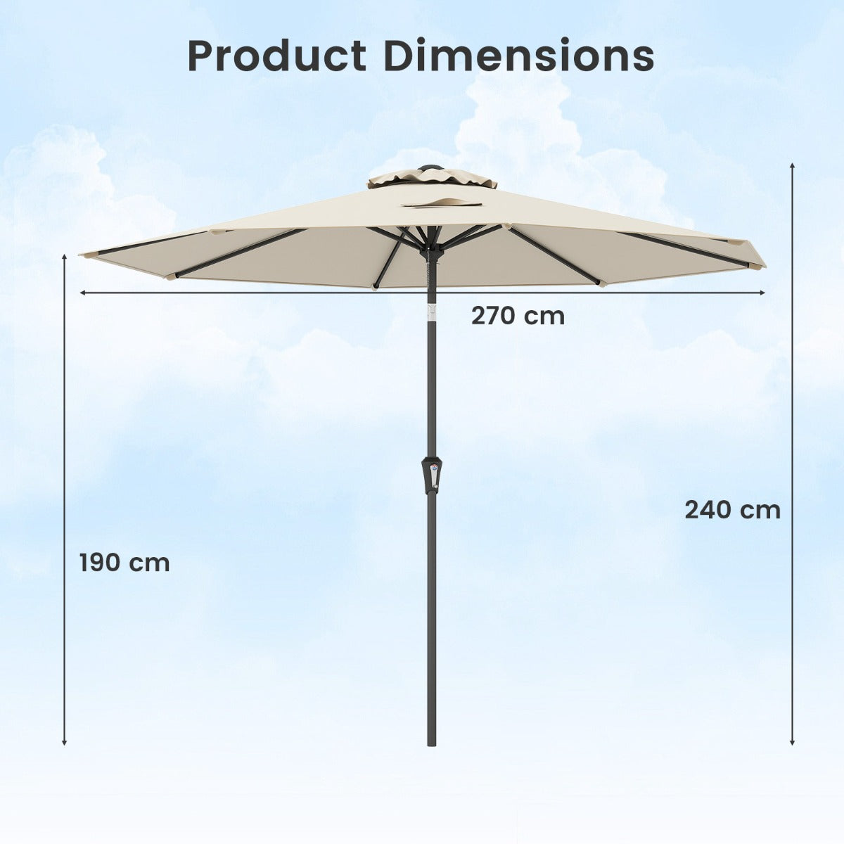 LIVSK Terrasparasol - 270 cm - Kantelmechanisme - UV-bestendig - Geventileerd - Beige
