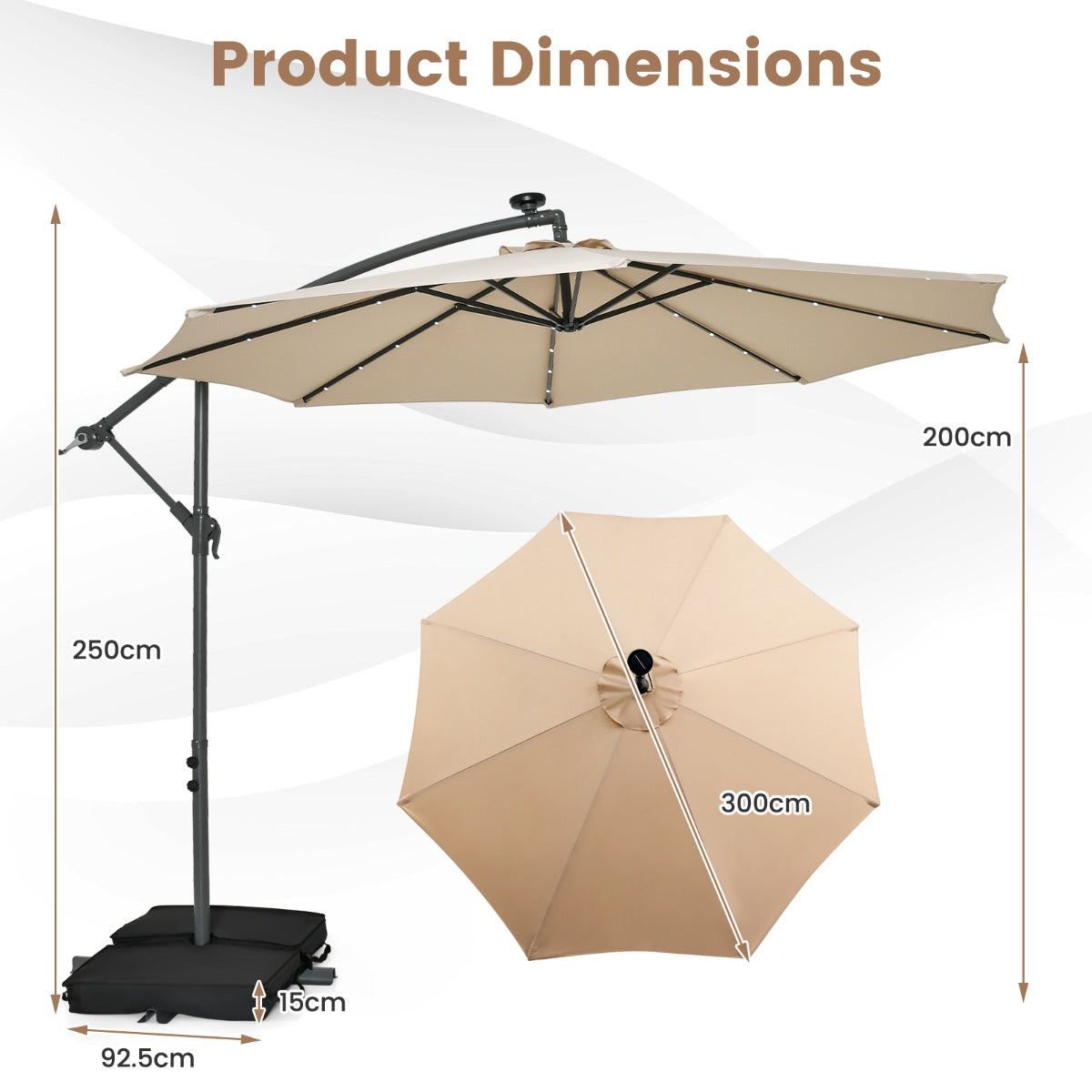 LIVSK Terrasparasol - 3 Meter Overkapping - 32 Zonne-LED-lampen - Water- en UV-bescherming - Beige