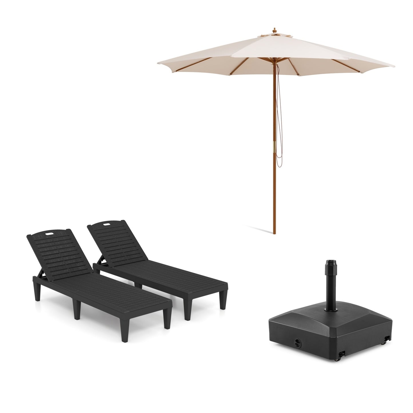 LIVSK Terrasparasol met Ligstoelen - Touwrolsysteem - 3 Hoogte-instellingen - Stevige Houten Constructie - Beige