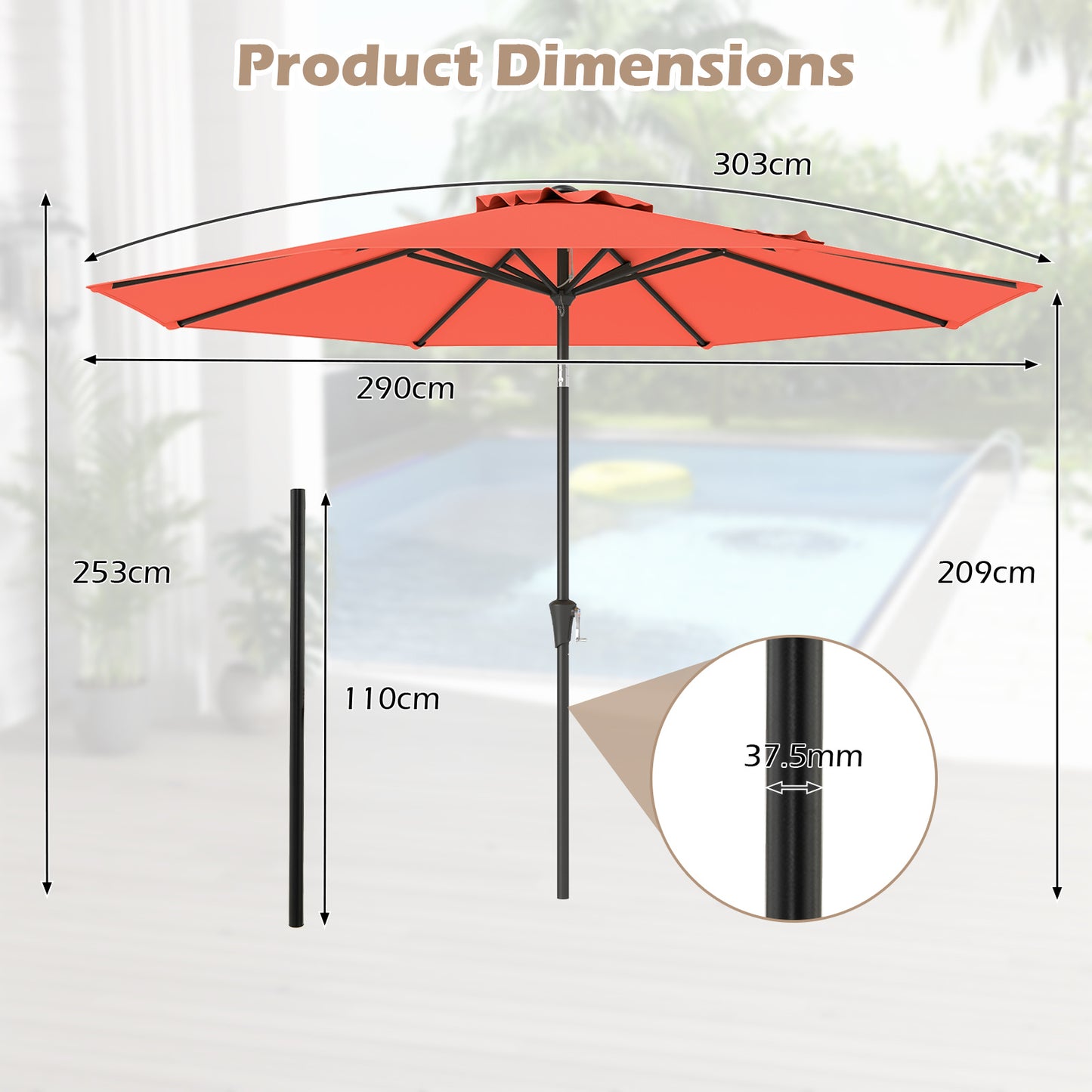LIVSK Terrasparasol met Vulbare Voet - Flexibele Vulling tot 80 kg - Verstelbare Kantelfunctie - HDPE en Polyester - Bruin/Oranje