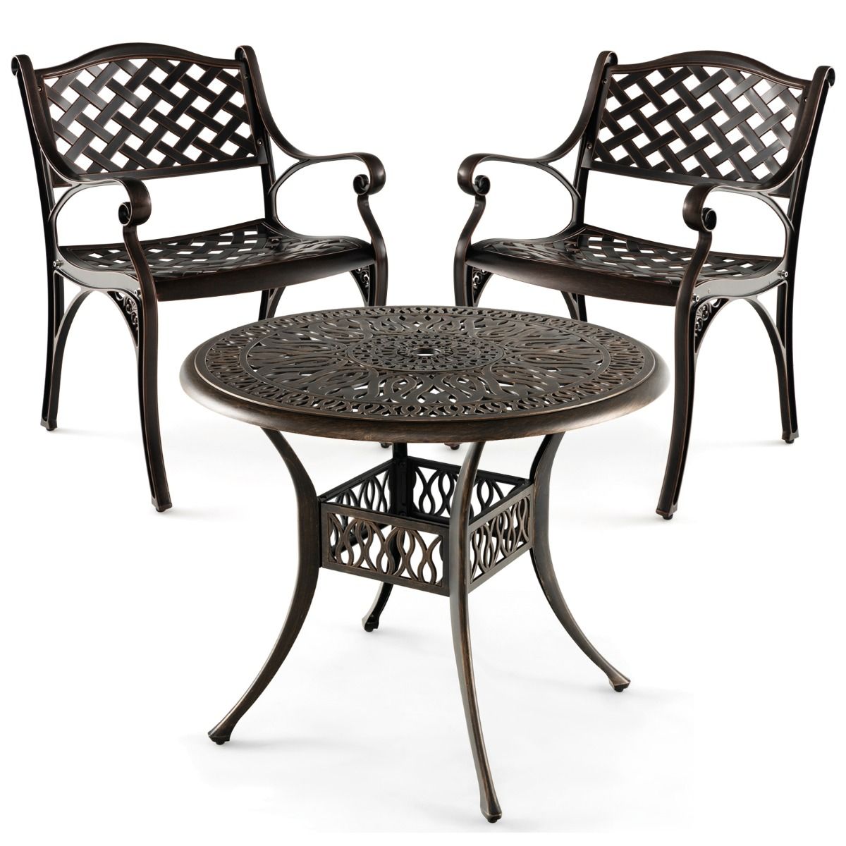 LIVSK Terrasset met Tafel en 2 Stoelen - Gegoten Aluminium - Verstelbare Pootjes - Parasolgat - Vintage Brons