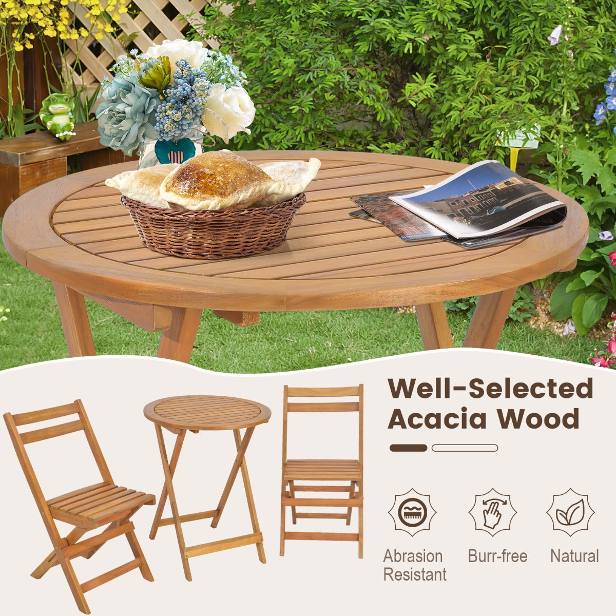 LIVSK Terrasset - Premium Acaciahout - Opvouwbaar Ontwerp - Comfortabele Stoelen - Natuurlijk