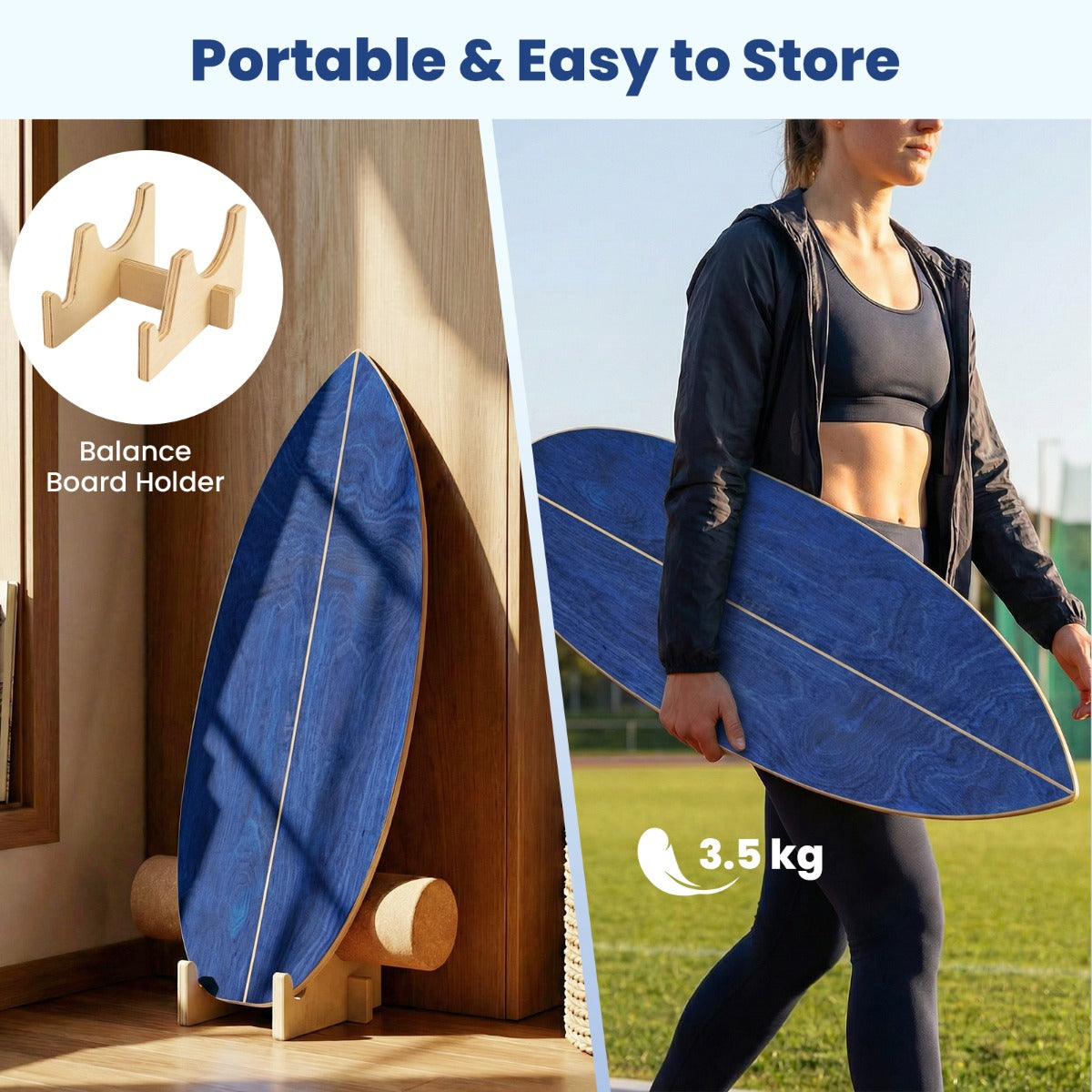 LIVSK Trainingsset Balansbord - 11-laags Berkenmultiplex - Inclusief Kurken Roller en Opberghouder - Draagvermogen 150 kg -