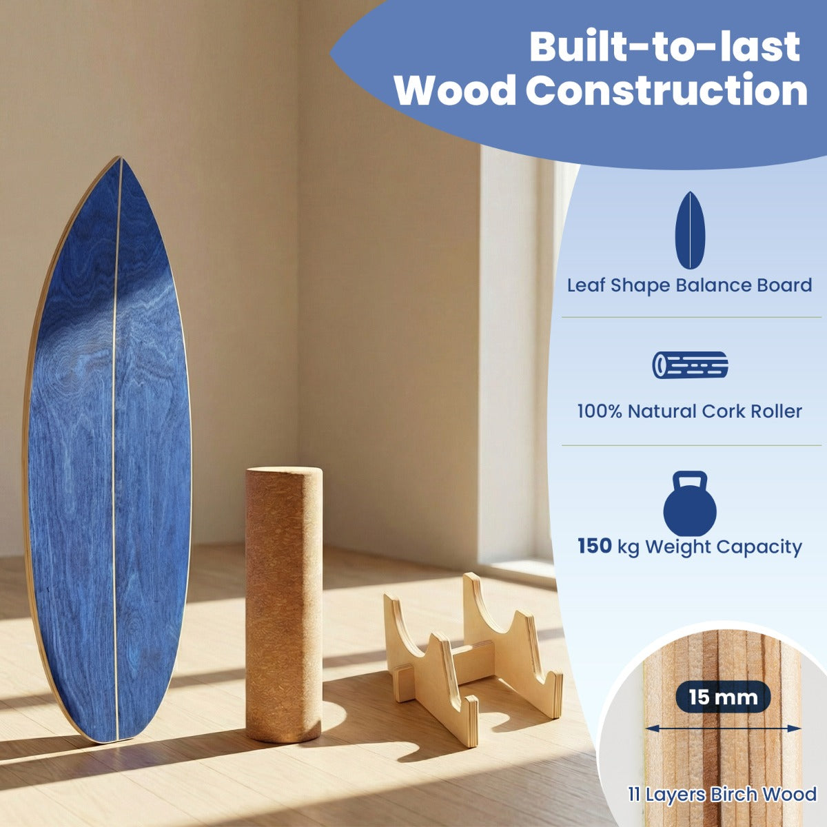 LIVSK Trainingsset Balansbord - 11-laags Berkenmultiplex - Inclusief Kurken Roller en Opberghouder - Draagvermogen 150 kg -