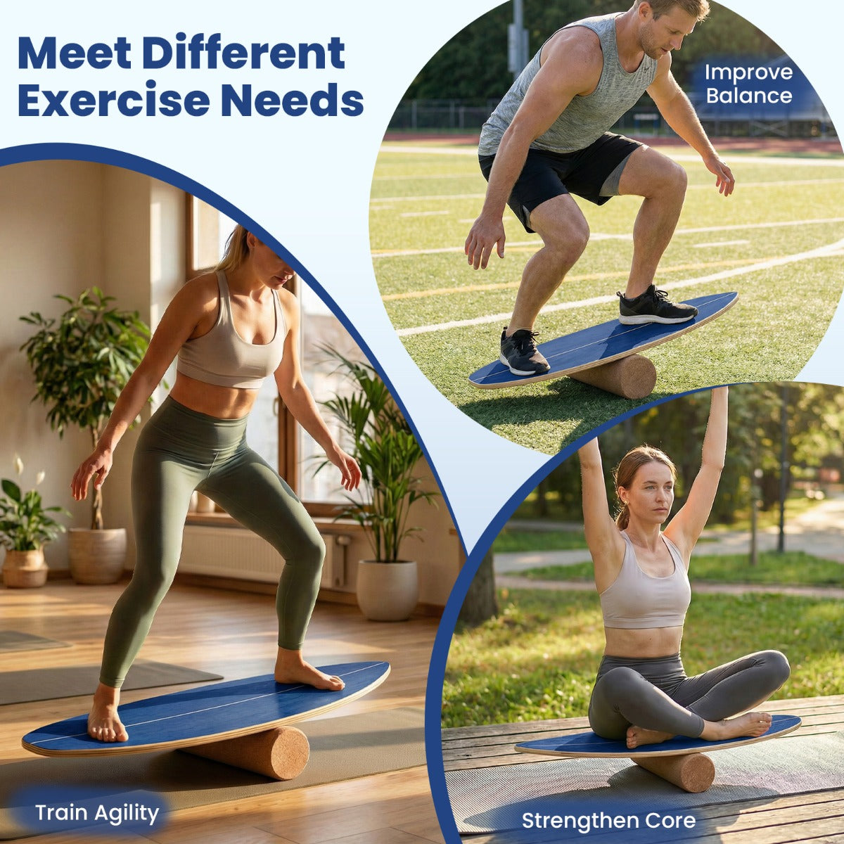 LIVSK Trainingsset Balansbord - 11-laags Berkenmultiplex - Inclusief Kurken Roller en Opberghouder - Draagvermogen 150 kg -