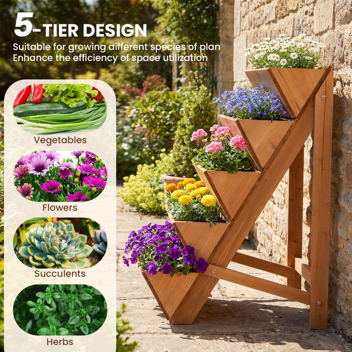 LIVSK Trapsgewijze Plantenbak - Verhoogd Ontwerp - Natuurlijk Dennenhout - Compact voor Balkon - Naturel/Oranje