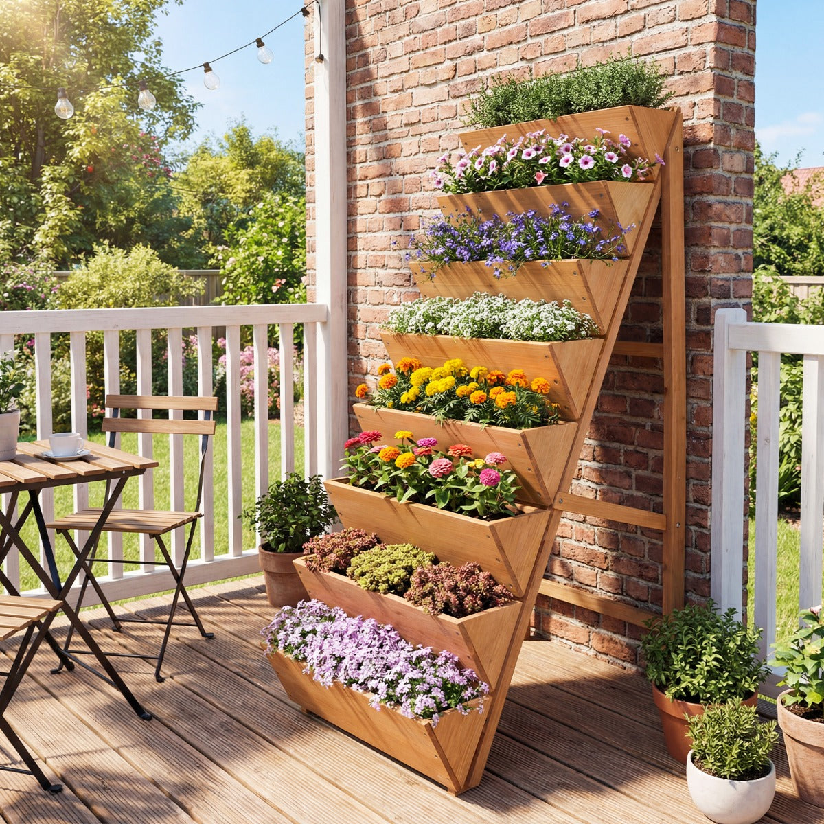 LIVSK Trapvormige Plantenbak - Hoogwaardig Dennenhout - 5 of 8 Verdieningen - Compact voor Balkon - Naturel/Oranje