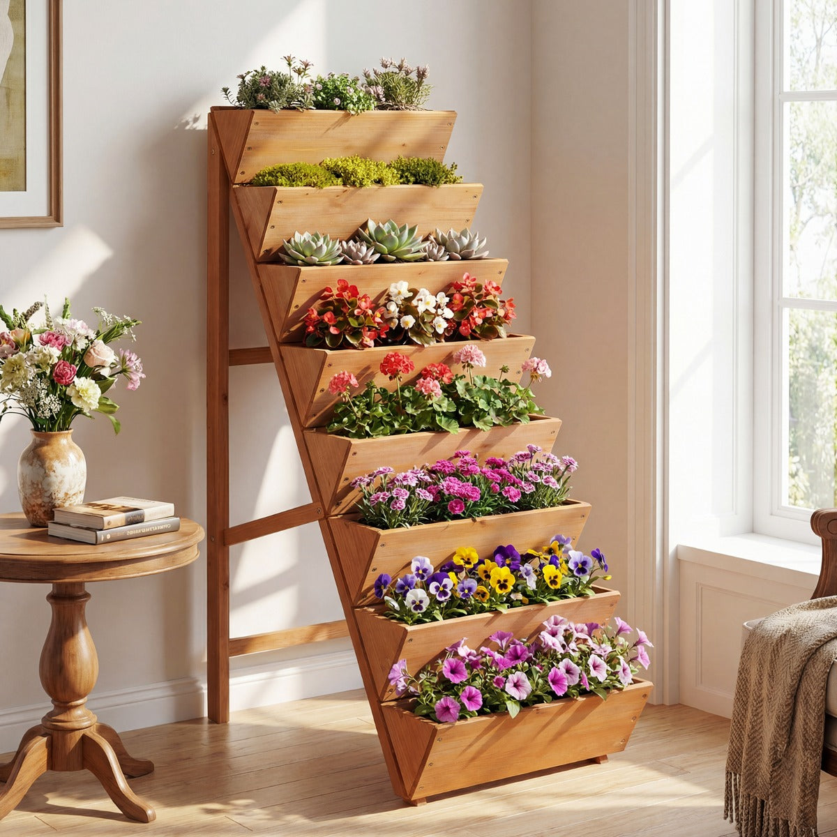 LIVSK Trapvormige Plantenbak - Hoogwaardig Dennenhout - Compact voor Balkon - Stabiele Driehoekige Structuur - Naturel/Oranje