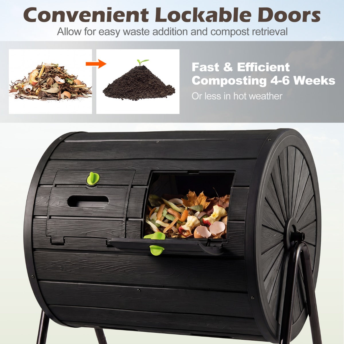 LIVSK Trommelcomposter - Afsluitbare Deuren - 142 L Capaciteit - 2 Kamers - Zwart