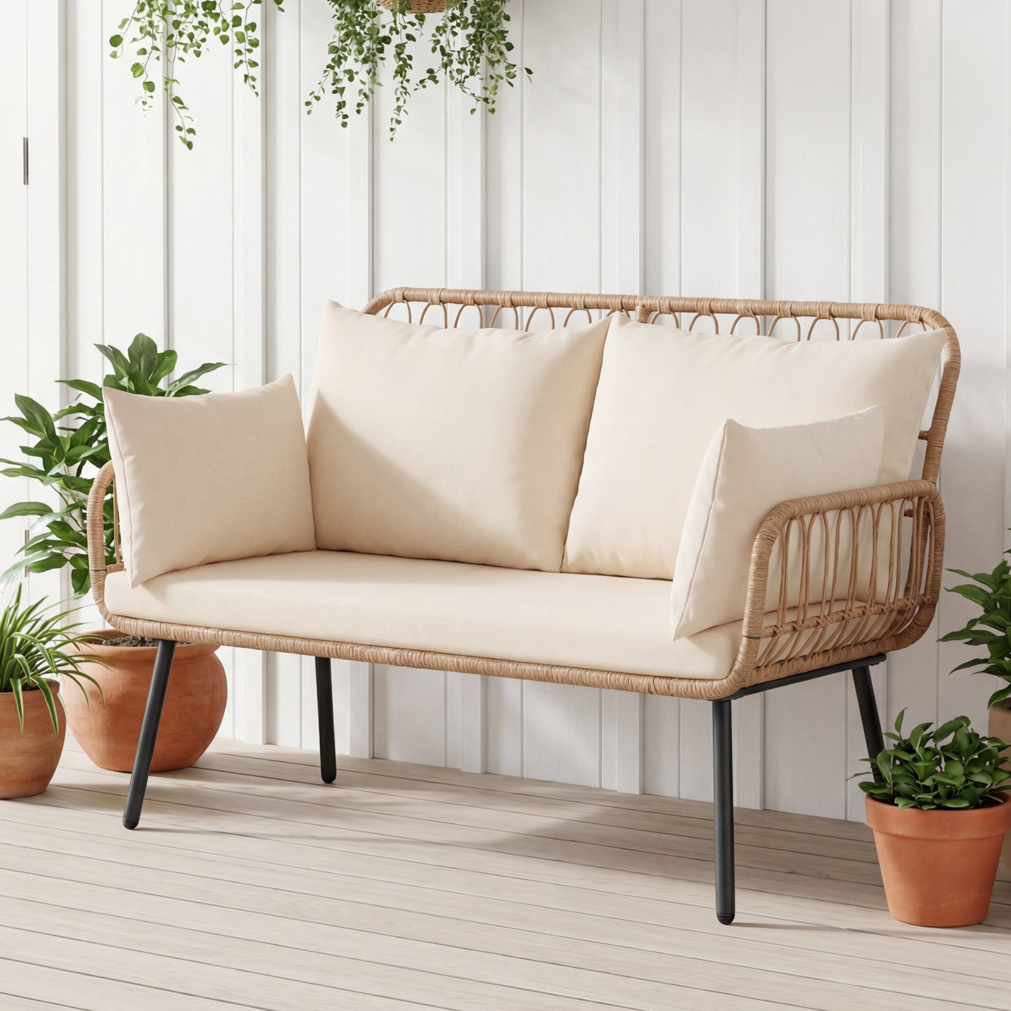 LIVSK Tuinbank 2-zits - Polyrattan Design - Extra Dikke Kussens - Robuust Metalen Frame - Tot 300 kg - Natuurlijke Kleur