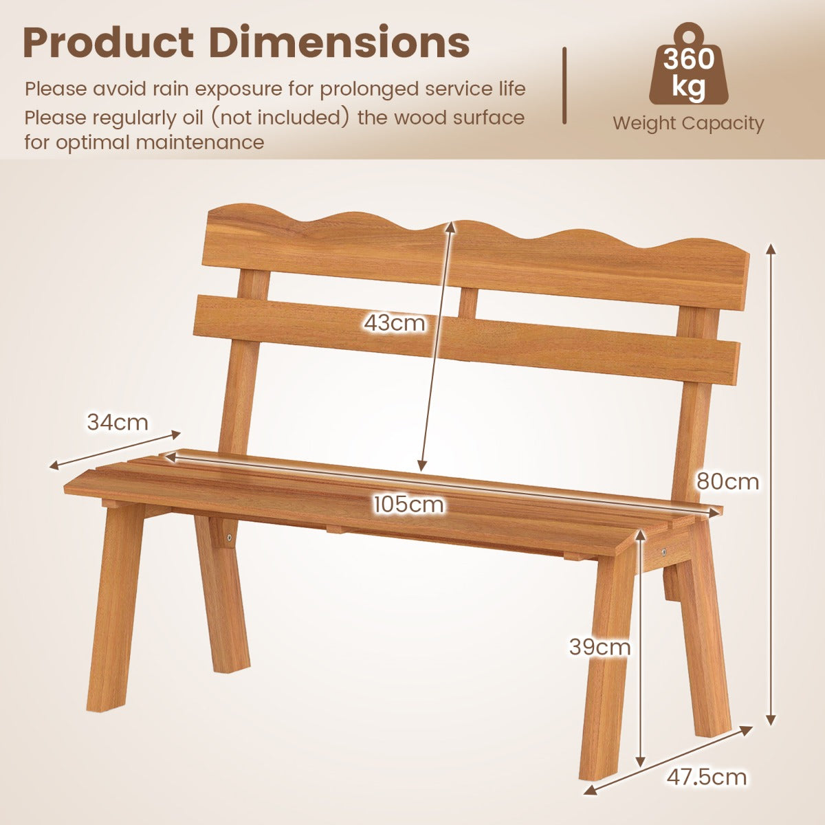 LIVSK Tuinbank van Acaciahout - Ergonomische Rugleuning - Verstelbare Poot - Draagvermogen 360 kg - Naturel