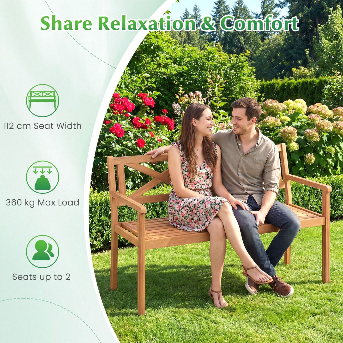 LIVSK Tuinbank van Acaciahout - Voor 2 Personen - Ergonomisch Ontwerp - Draagvermogen 360 kg - Naturel