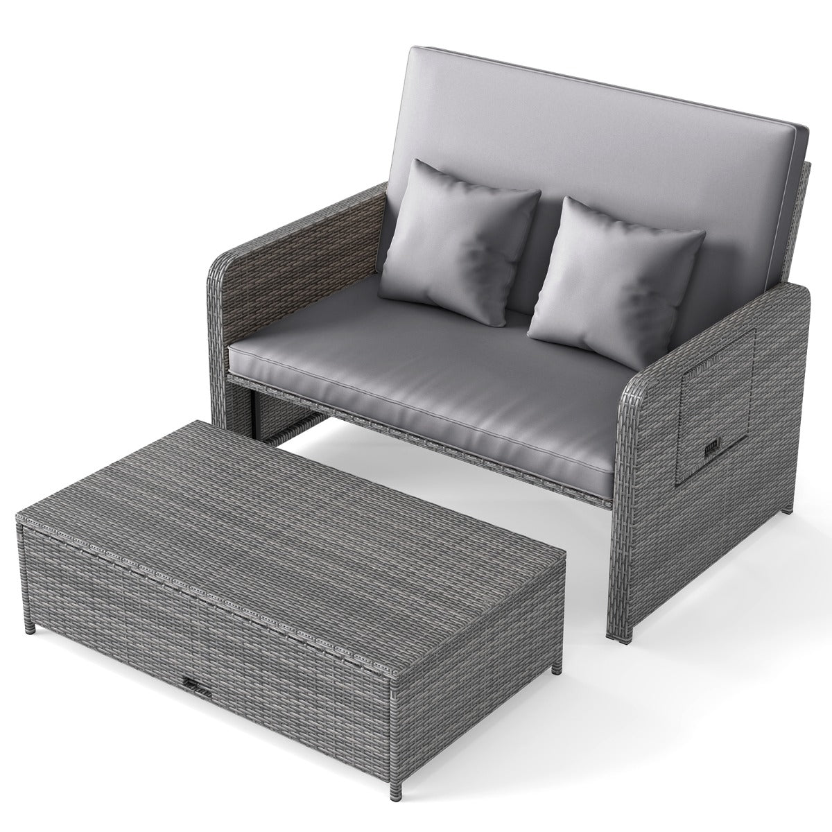 LIVSK Tuinbedset - Verstelbare Rugleuning - PE-Rotan en Metaal - Inclusief Kussens en Opklapbare Tafels - Gemengd Grijs