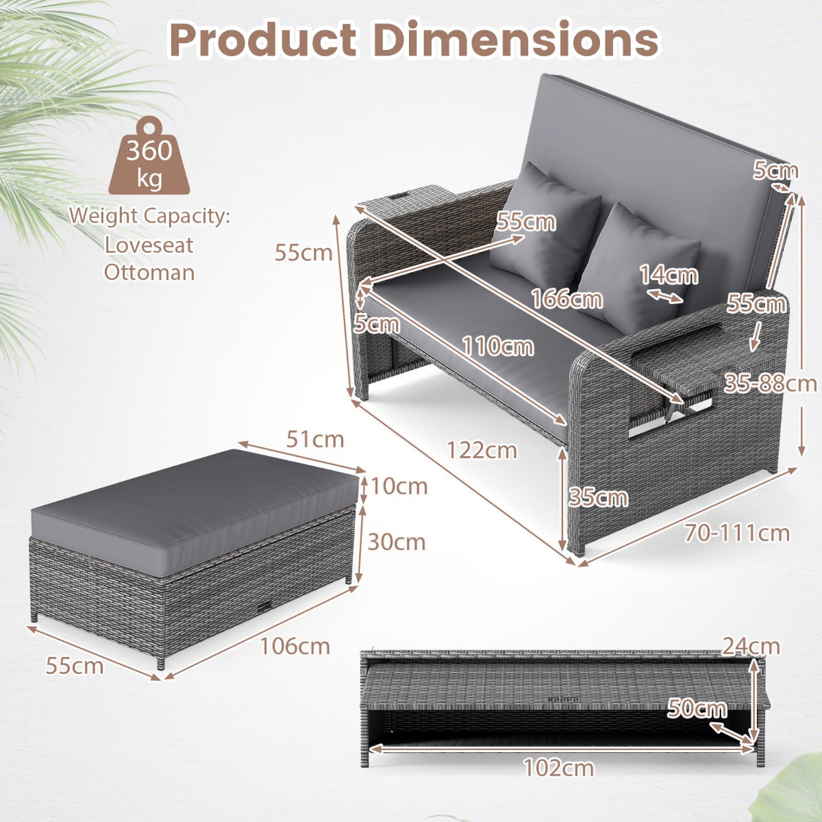 LIVSK Tuinbedset - Verstelbare Rugleuning - PE-Rotan en Metaal - Inclusief Kussens en Opklapbare Tafels - Gemengd Grijs