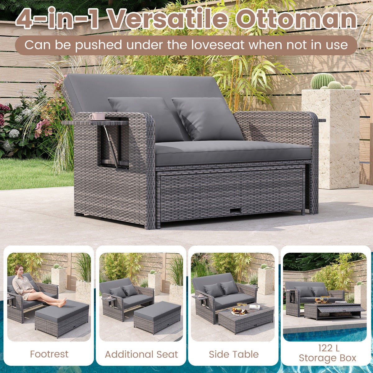 LIVSK Tuinbedset - Verstelbare Rugleuning - PE-Rotan en Metaal - Inclusief Kussens en Opklapbare Tafels - Gemengd Grijs