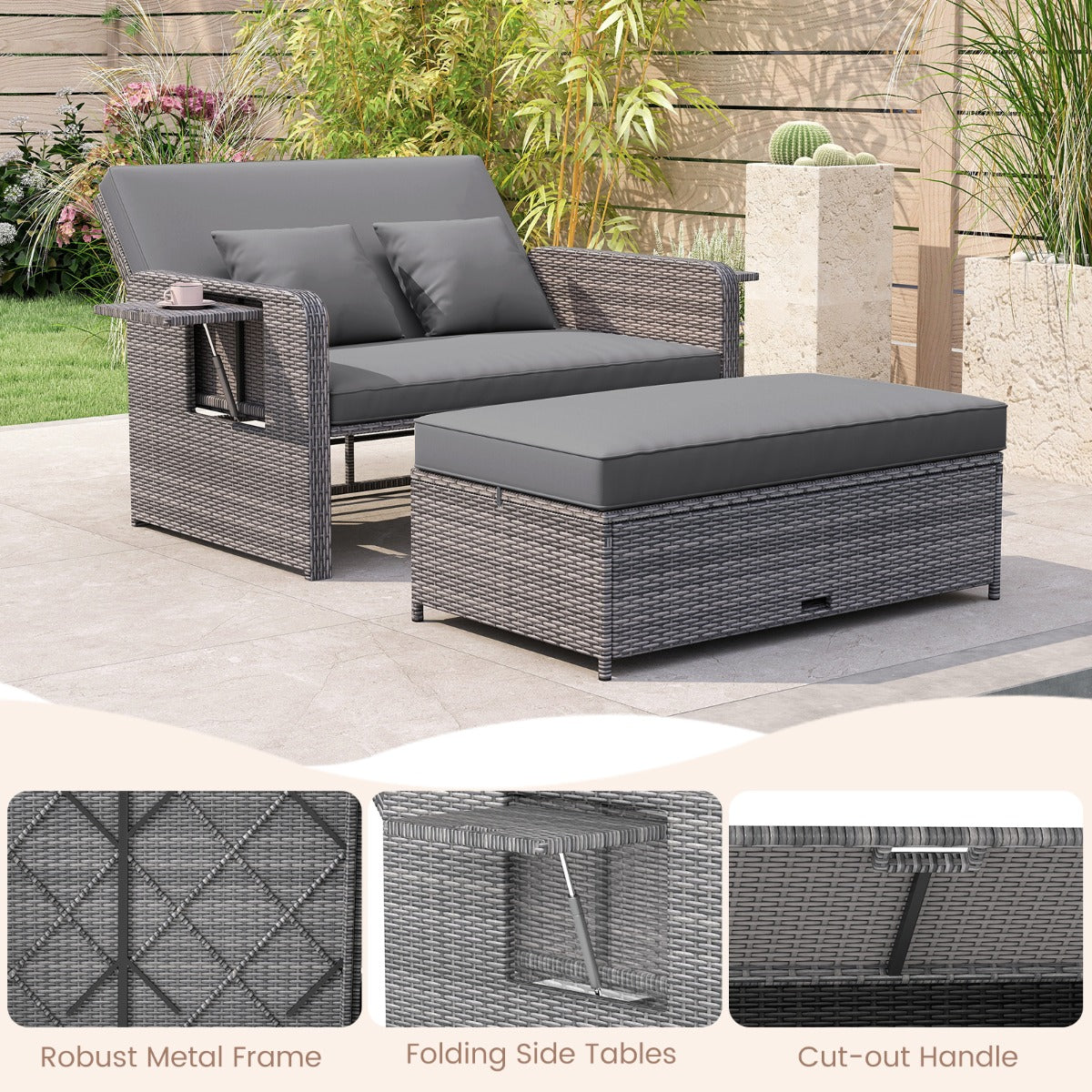 LIVSK Tuinbedset - Verstelbare Rugleuning - PE-Rotan en Metaal - Inclusief Kussens en Opklapbare Tafels - Gemengd Grijs