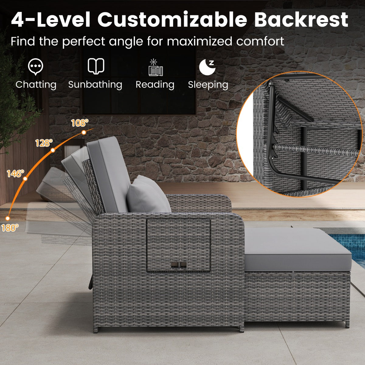 LIVSK Tuinbedset - Verstelbare Rugleuning - PE-Rotan en Metaal - Inclusief Kussens en Opklapbare Tafels - Gemengd Grijs