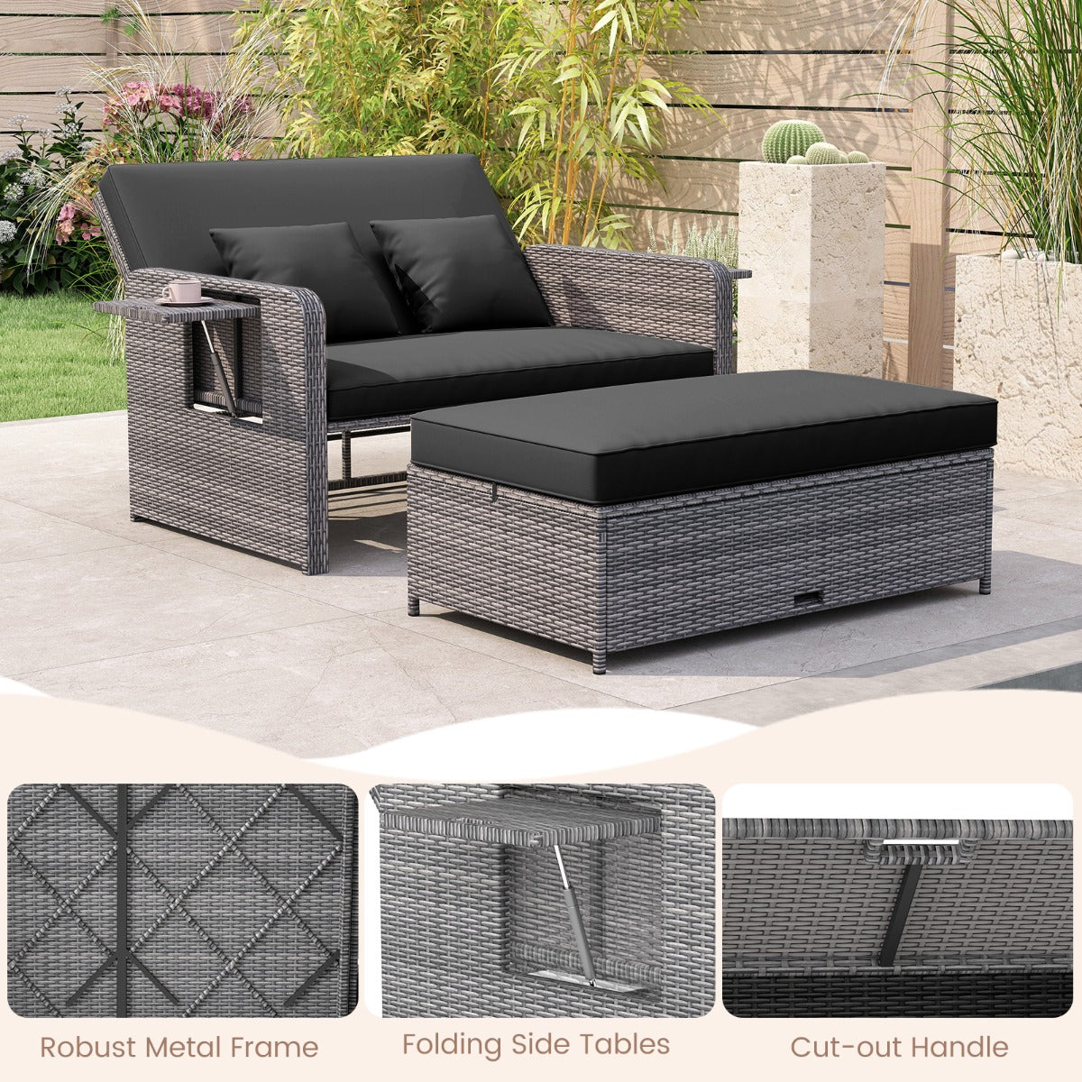 LIVSK Tuinbedset - Verstelbare Rugleuning - PE-Rotan - Inclusief Kussens en Poef - Capaciteit 360 kg - Gemengd Grijs