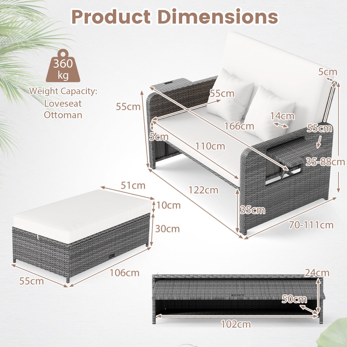 LIVSK Tuinbedset - Verstelbare Rugleuning - PE-Rotan & Metalen Frame - Inclusief Kussens en Opklapbare Tafels - Gemengd Grijs