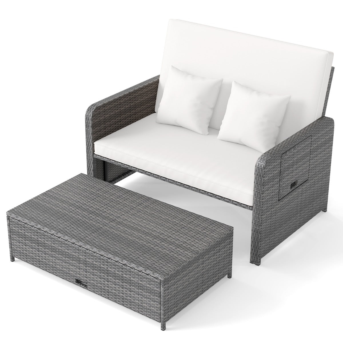 LIVSK Tuinbedset - Verstelbare Rugleuning - PE-Rotan & Metalen Frame - Inclusief Kussens & Opklapbare Tafels - Mix Grijs