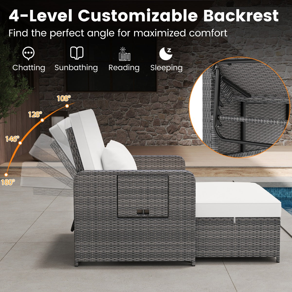 LIVSK Tuinbedset - Verstelbare Rugleuning - PE-Rotan & Metalen Frame - Inclusief Kussens & Opklapbare Tafels - Mix Grijs