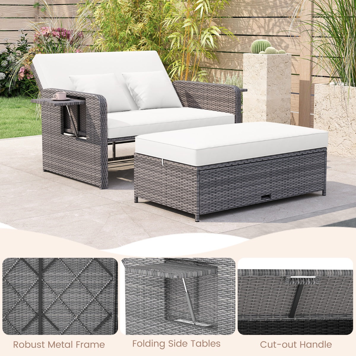 LIVSK Tuinbedset - Verstelbare Rugleuning - PE-Rotan & Metalen Frame - Inclusief Kussens & Opklapbare Tafels - Mix Grijs