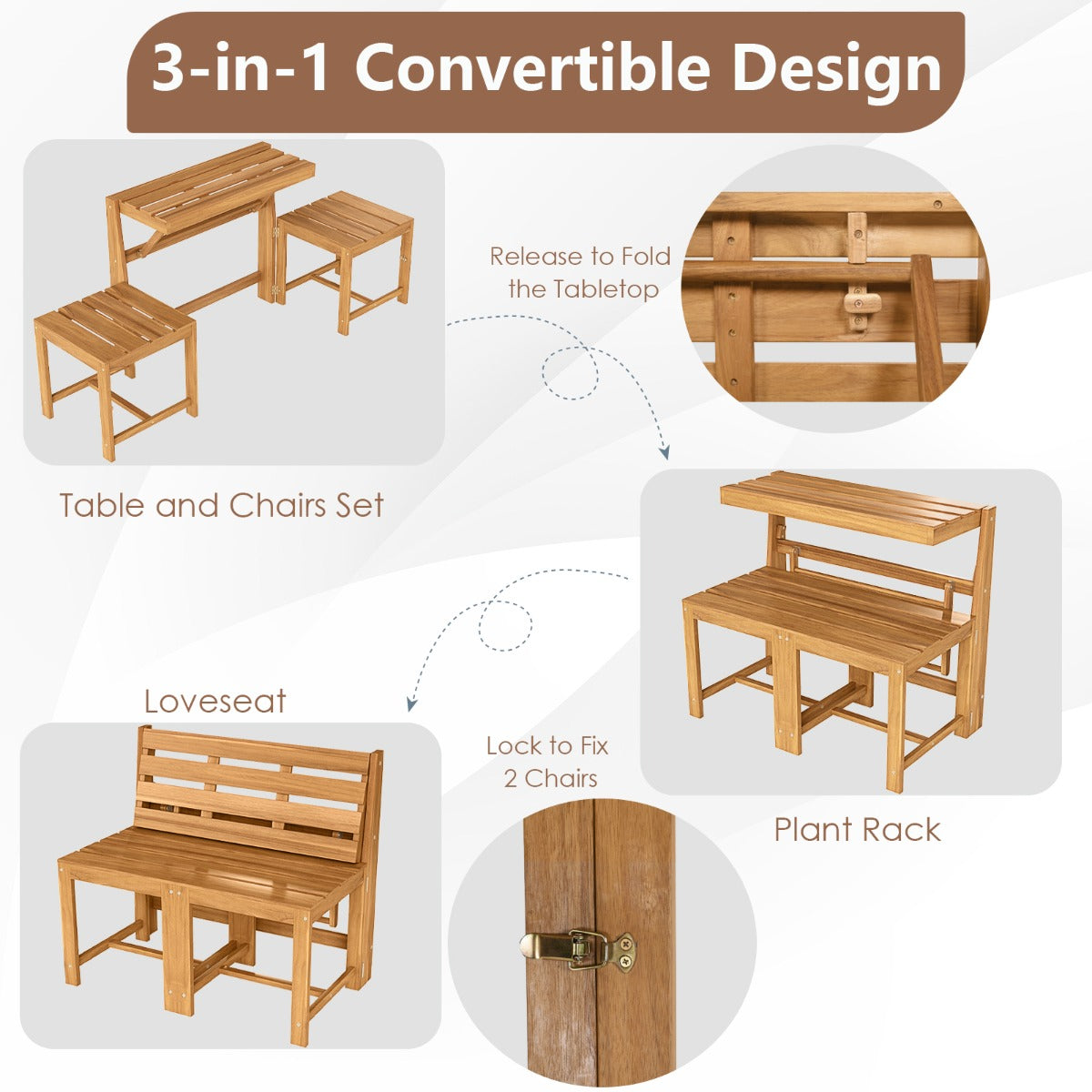 LIVSK Tuinmeubelset - 3-in-1 Ontwerp - Massief Acaciahout - Ergonomisch Zitcomfort - Stabiele Constructie - Naturel
