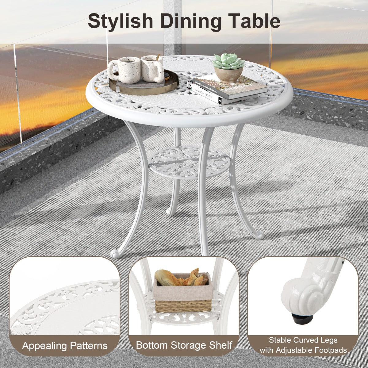 LIVSK Tuinmeubelset - Gegoten Aluminium - Comfortabele Stoelen - Ruim Tafelblad - Parasolgat - Wit