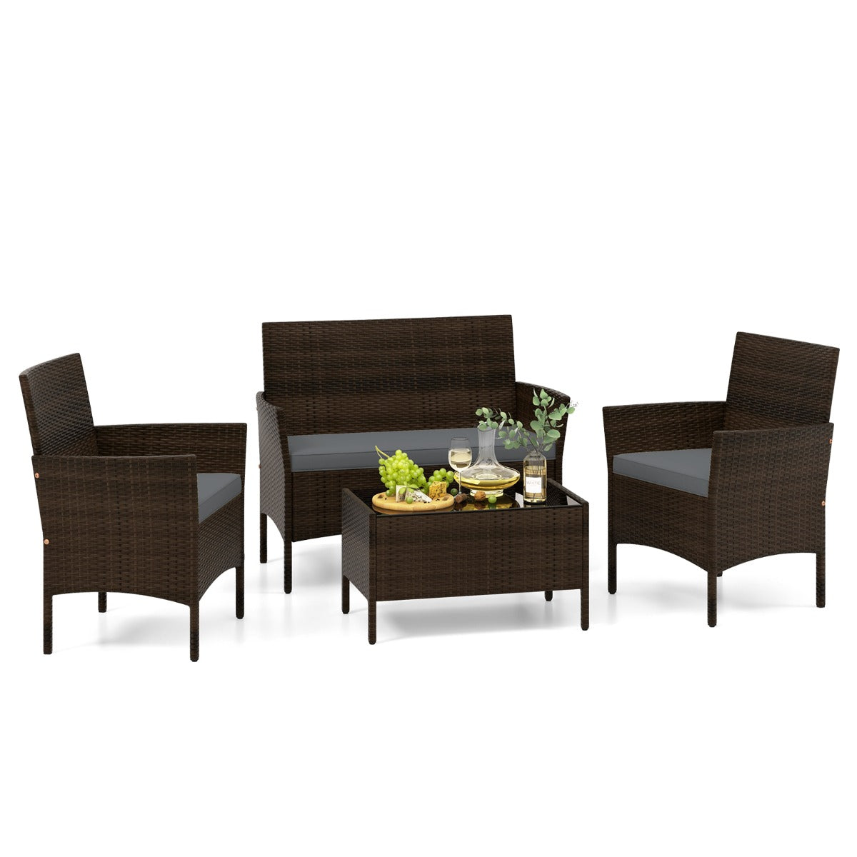 LIVSK Tuinmeubelset - Handgevlochten PE-rotan - Dikke Kussens - Gehard Glas Tafel - Voor 4 Personen - Bruin+Zwart/Bruin+Grijs