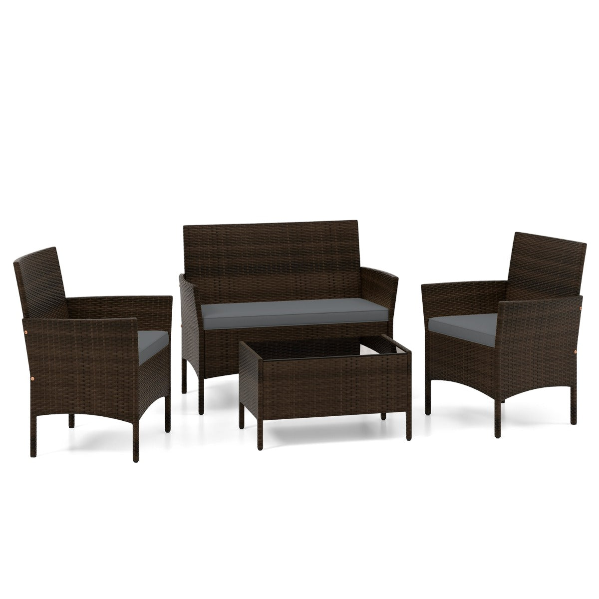 LIVSK Tuinmeubelset - Handgevlochten PE-rotan - Dikke Kussens - Gehard Glas Tafel - Voor 4 Personen - Bruin+Zwart/Bruin+Grijs
