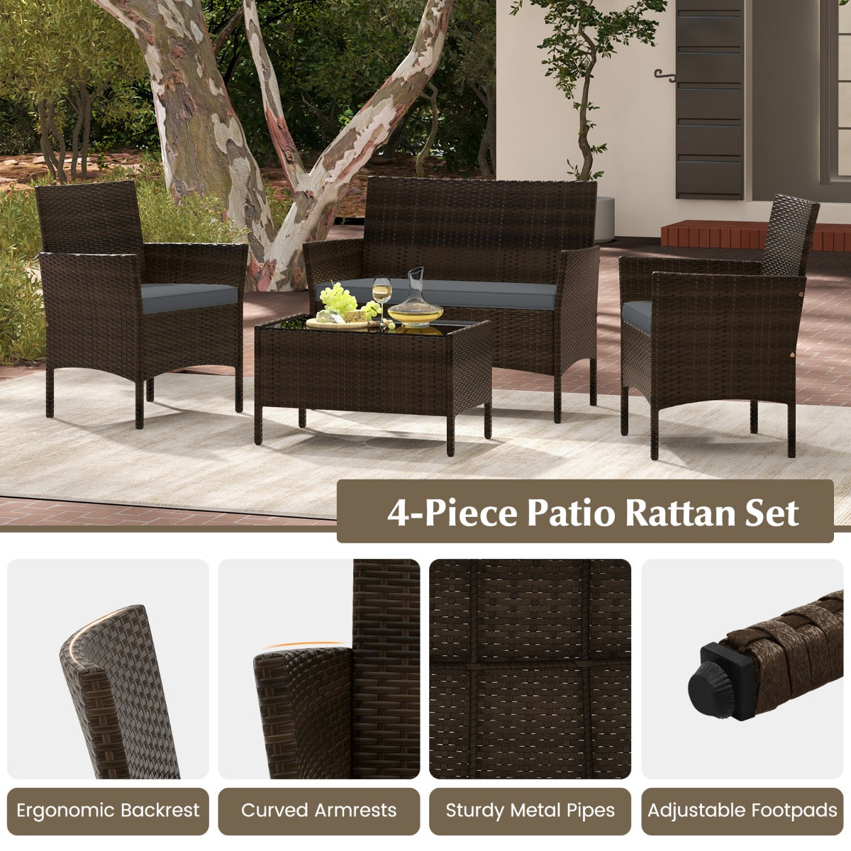 LIVSK Tuinmeubelset - Handgevlochten PE-rotan - Dikke Kussens - Gehard Glas Tafel - Voor 4 Personen - Bruin+Zwart/Bruin+Grijs