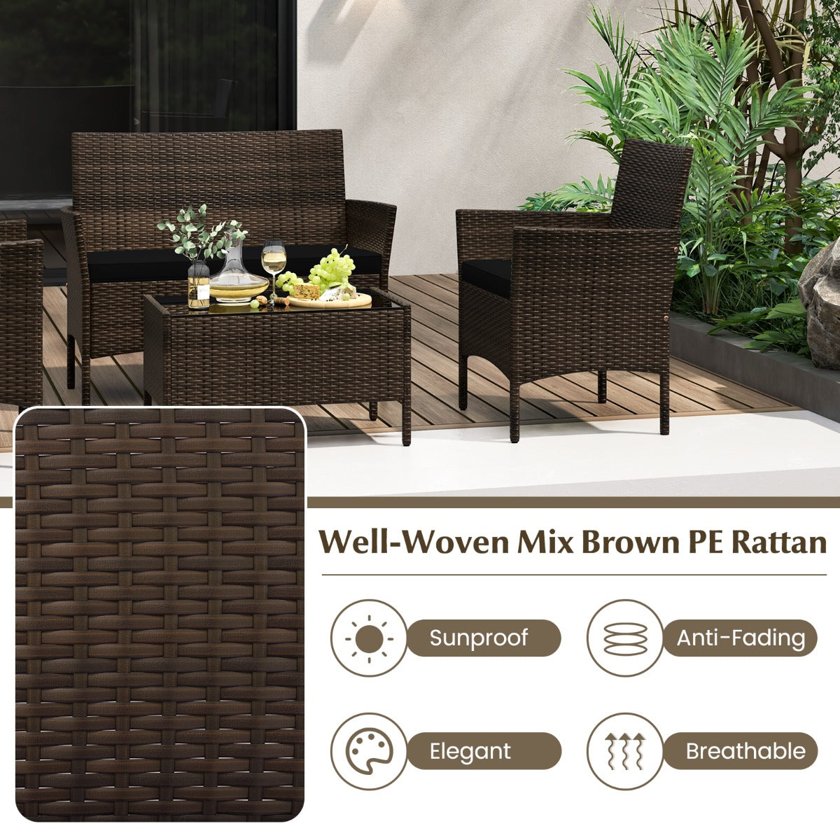 LIVSK Tuinmeubelset - Handgevlochten PE-rotan - Ergonomische Kussens - Flexibele Configuratie - Bruin en Zwart